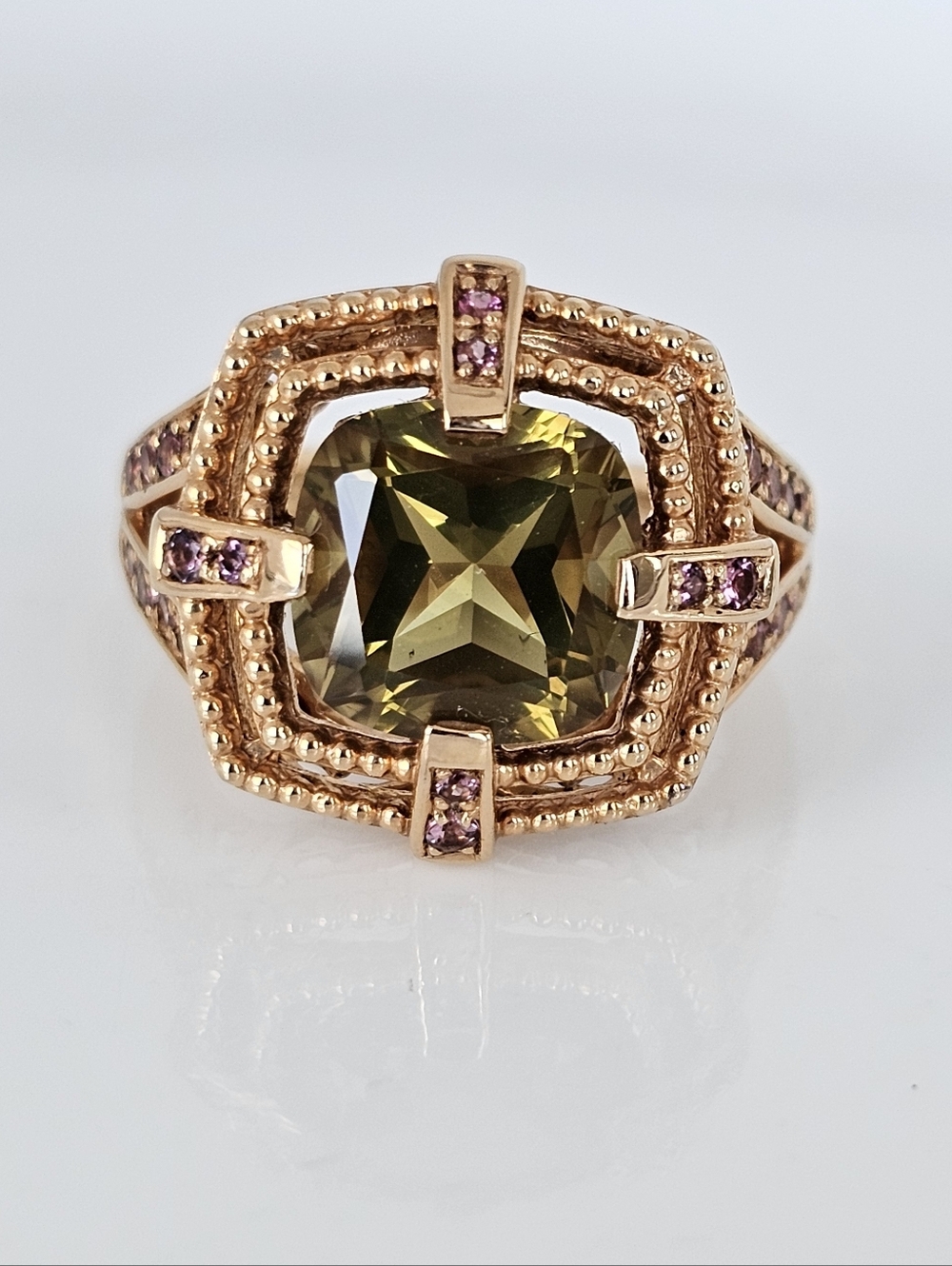 Gorgeous Vintage Peridot & Pink Sapphire Ring Rose Gold Vermeil Size 7!